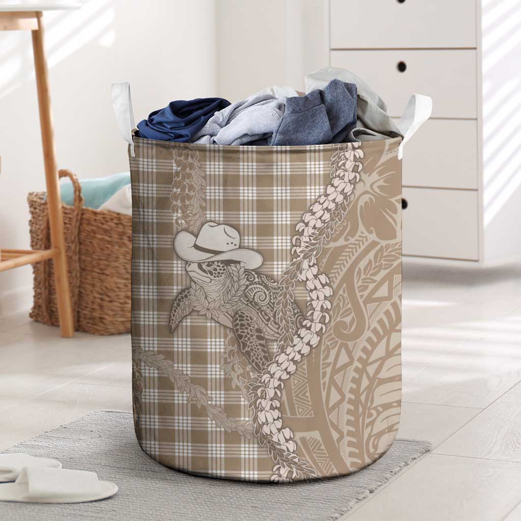 Beige Hawaii Palaka Cowboy Turtle Laundry Basket Hawaiian Paniolo Puakenikeni Maile Lei - Polynesian Pride