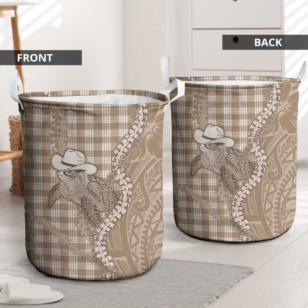 Beige Hawaii Palaka Cowboy Turtle Laundry Basket Hawaiian Paniolo Puakenikeni Maile Lei - Polynesian Pride