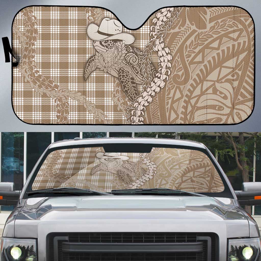 Beige Hawaii Palaka Cowboy Turtle Auto Sun Shade Hawaiian Paniolo Puakenikeni Maile Lei - Polynesian Pride