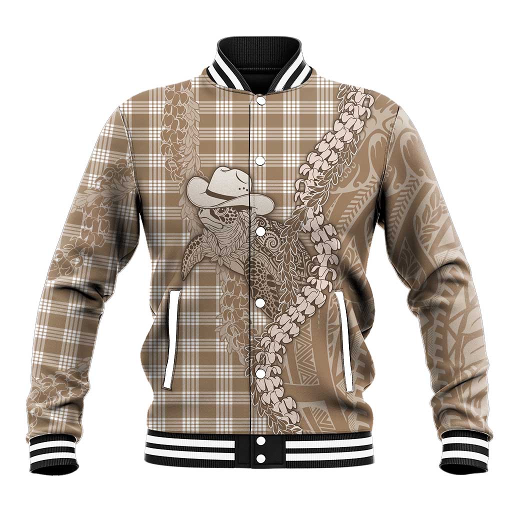 Beige Hawaii Palaka Cowboy Turtle Baseball Jacket Hawaiian Paniolo Puakenikeni Maile Lei - Polynesian Pride