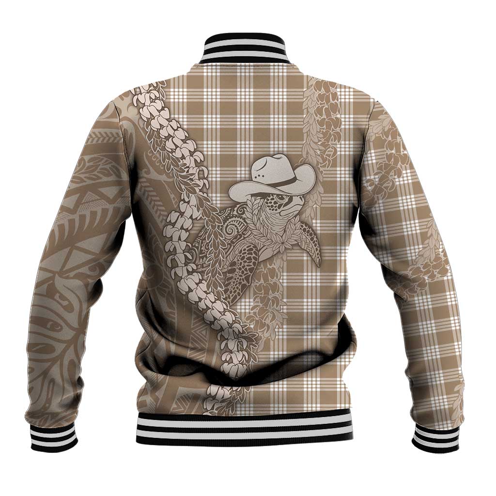 Beige Hawaii Palaka Cowboy Turtle Baseball Jacket Hawaiian Paniolo Puakenikeni Maile Lei - Polynesian Pride