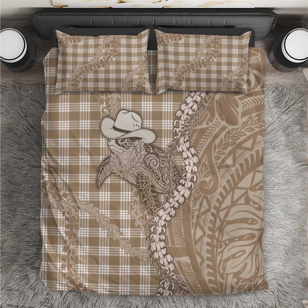 Beige Hawaii Palaka Cowboy Turtle Bedding Set Hawaiian Paniolo Puakenikeni Maile Lei - Polynesian Pride
