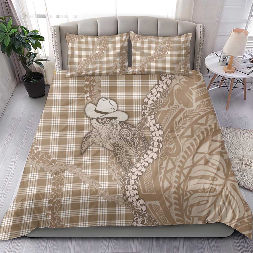 Beige Hawaii Palaka Cowboy Turtle Bedding Set Hawaiian Paniolo Puakenikeni Maile Lei - Polynesian Pride