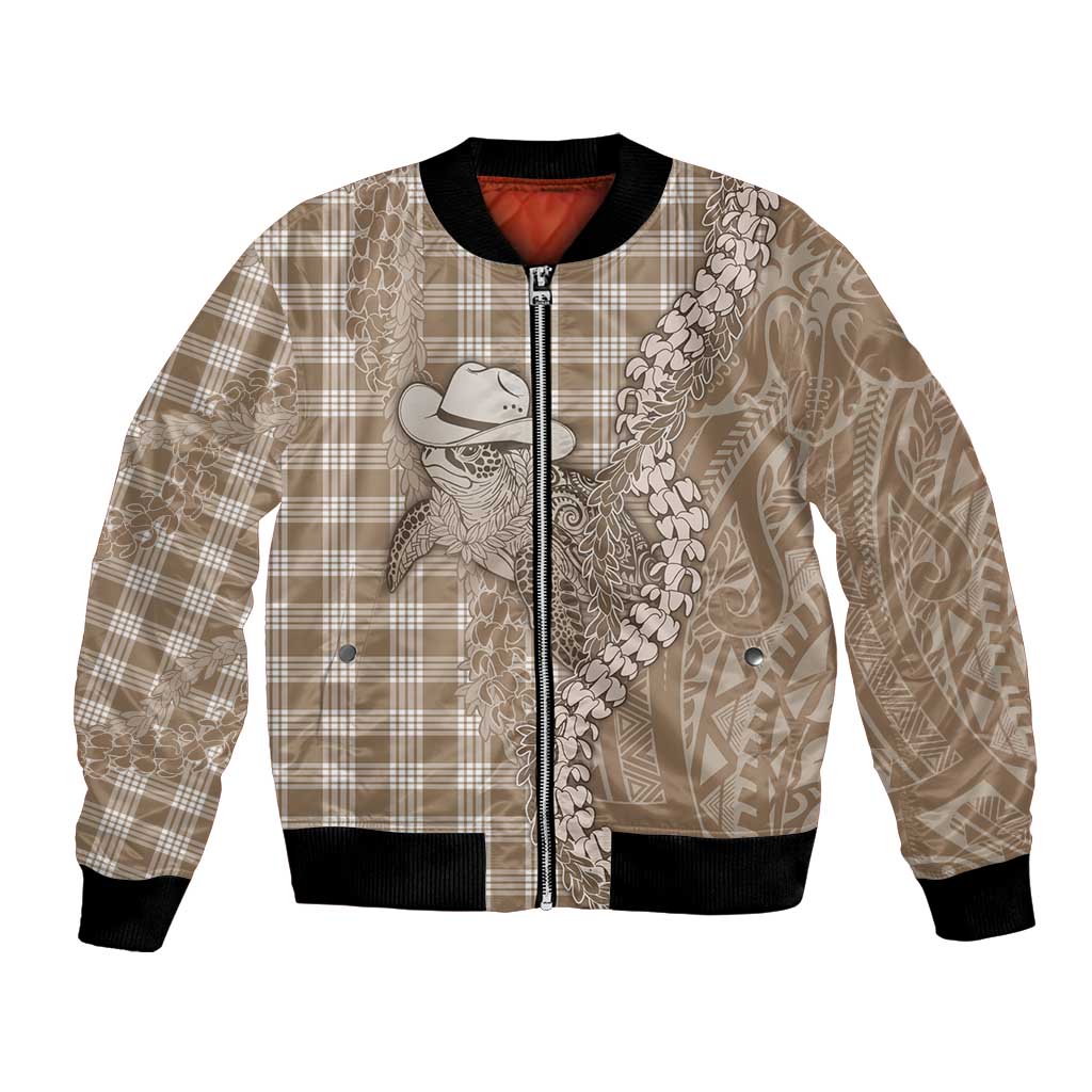 Beige Hawaii Palaka Cowboy Turtle Bomber Jacket Hawaiian Paniolo Puakenikeni Maile Lei - Polynesian Pride