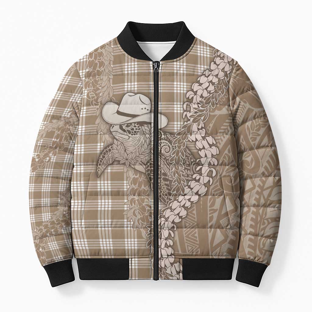 Beige Hawaii Palaka Cowboy Turtle Bomber Puffer Jacket Hawaiian Paniolo Puakenikeni Maile Lei - Polynesian Pride