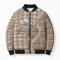 Beige Hawaii Palaka Cowboy Turtle Bomber Puffer Jacket Hawaiian Paniolo Puakenikeni Maile Lei - Polynesian Pride