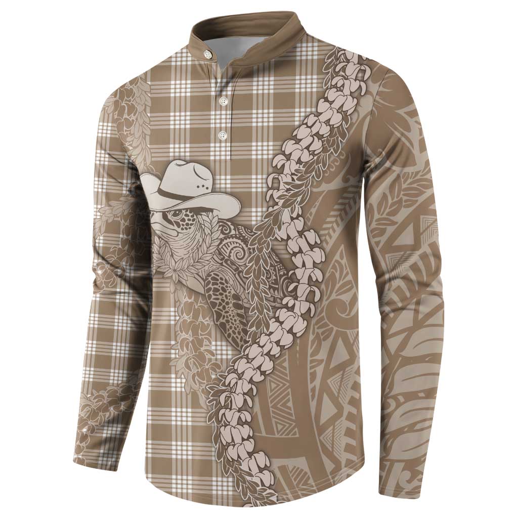Beige Hawaii Palaka Cowboy Turtle Button Sweatshirt Hawaiian Paniolo Puakenikeni Maile Lei - Polynesian Pride