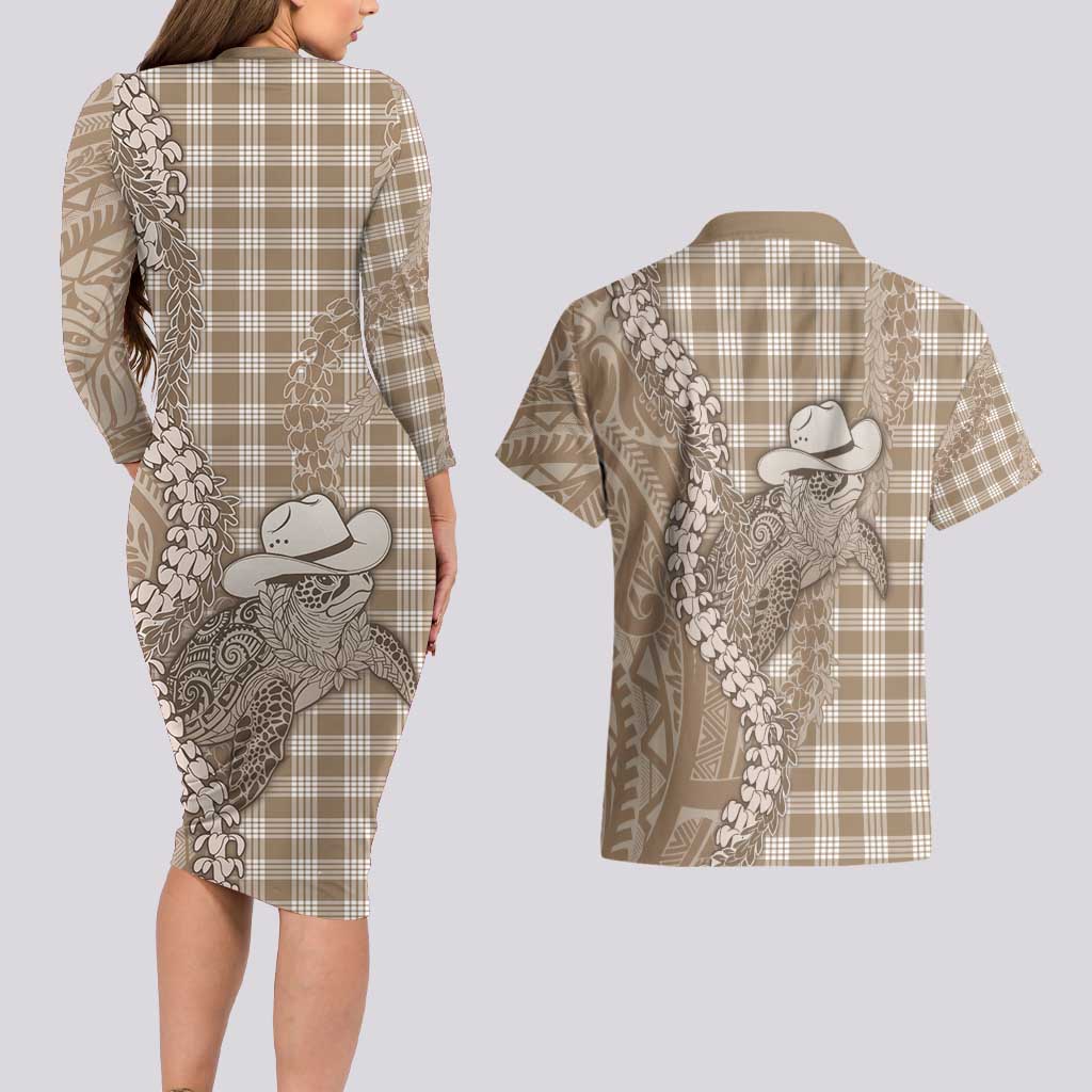 Beige Hawaii Palaka Cowboy Turtle Couples Matching Long Sleeve Bodycon Dress and Hawaiian Shirt Hawaiian Paniolo Puakenikeni Maile Lei - Polynesian Pride