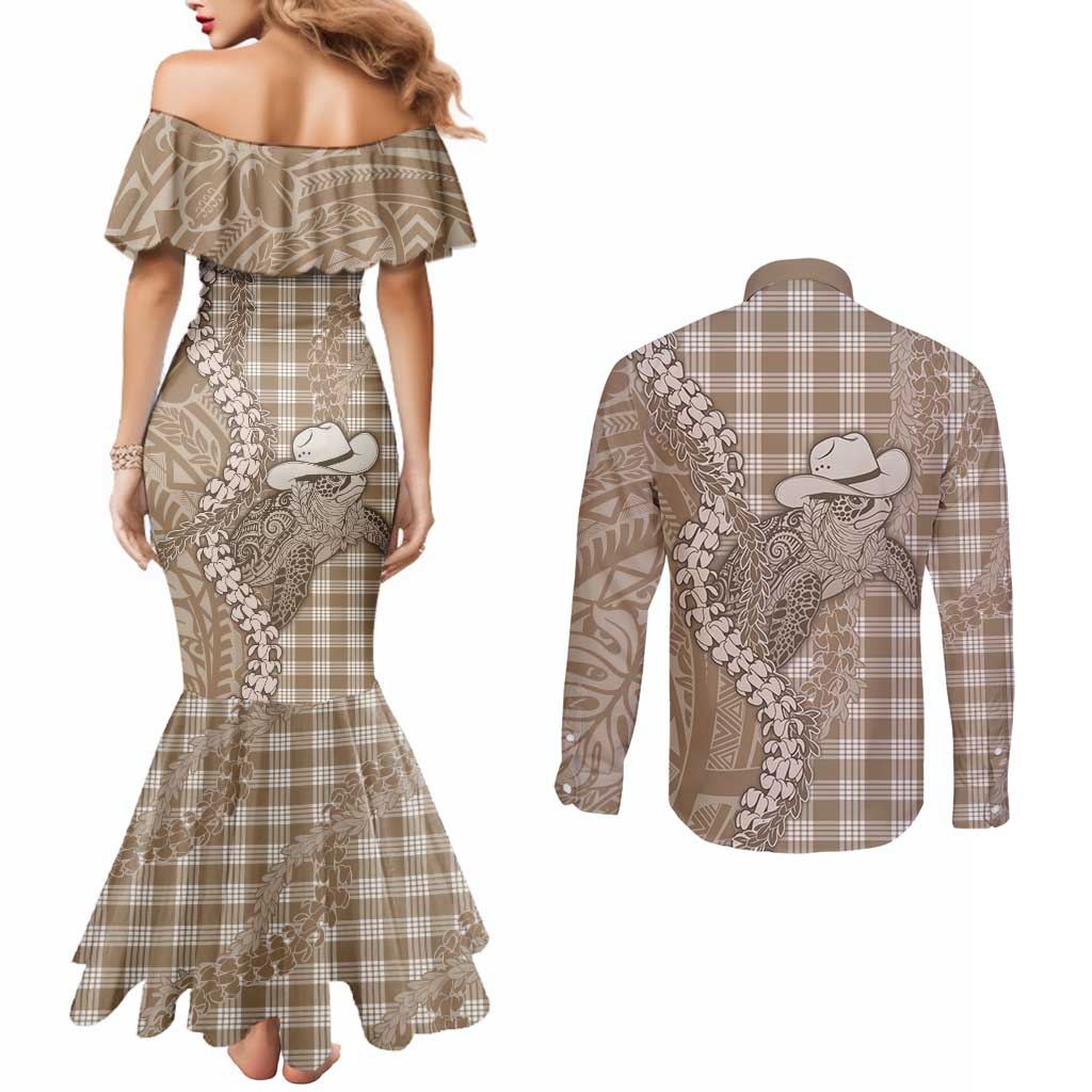 Beige Hawaii Palaka Cowboy Turtle Couples Matching Mermaid Dress and Long Sleeve Button Shirt Hawaiian Paniolo Puakenikeni Maile Lei - Polynesian Pride