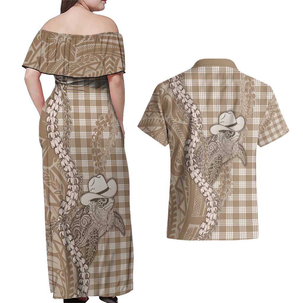Beige Hawaii Palaka Cowboy Turtle Couples Matching Off Shoulder Maxi Dress and Hawaiian Shirt Hawaiian Paniolo Puakenikeni Maile Lei - Polynesian Pride
