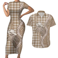 Beige Hawaii Palaka Cowboy Turtle Couples Matching Short Sleeve Bodycon Dress and Hawaiian Shirt Hawaiian Paniolo Puakenikeni Maile Lei - Polynesian Pride