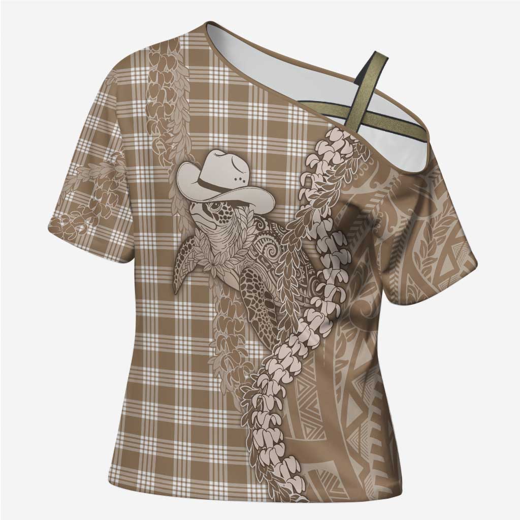 Beige Hawaii Palaka Cowboy Turtle Cross Shoulder Shirt Hawaiian Paniolo Puakenikeni Maile Lei - Polynesian Pride