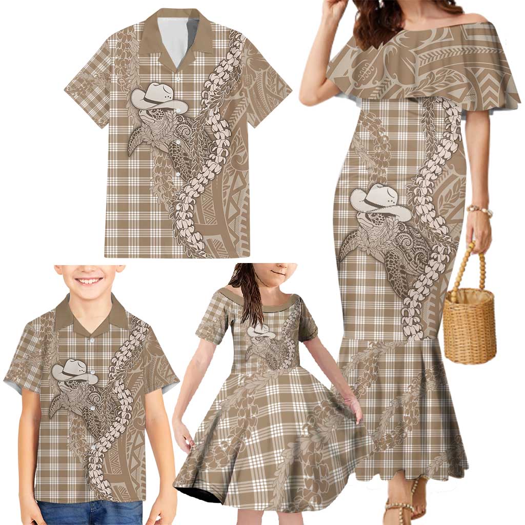 Beige Hawaii Palaka Cowboy Turtle Family Matching Mermaid Dress and Hawaiian Shirt Hawaiian Paniolo Puakenikeni Maile Lei - Polynesian Pride