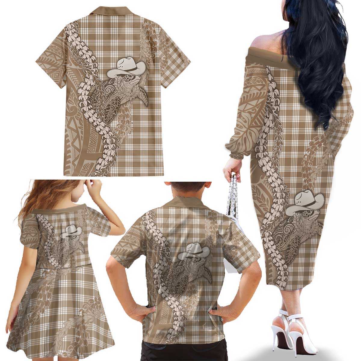 Beige Hawaii Palaka Cowboy Turtle Family Matching Off The Shoulder Long Sleeve Dress and Hawaiian Shirt Hawaiian Paniolo Puakenikeni Maile Lei - Polynesian Pride