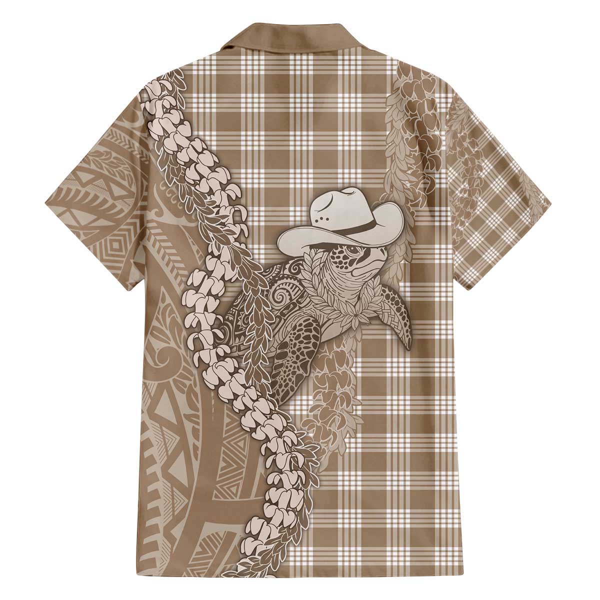 Beige Hawaii Palaka Cowboy Turtle Family Matching Off The Shoulder Long Sleeve Dress and Hawaiian Shirt Hawaiian Paniolo Puakenikeni Maile Lei - Polynesian Pride