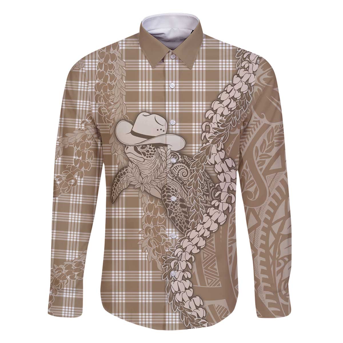 Beige Hawaii Palaka Cowboy Turtle Family Matching Off The Shoulder Long Sleeve Dress and Hawaiian Shirt Hawaiian Paniolo Puakenikeni Maile Lei - Polynesian Pride