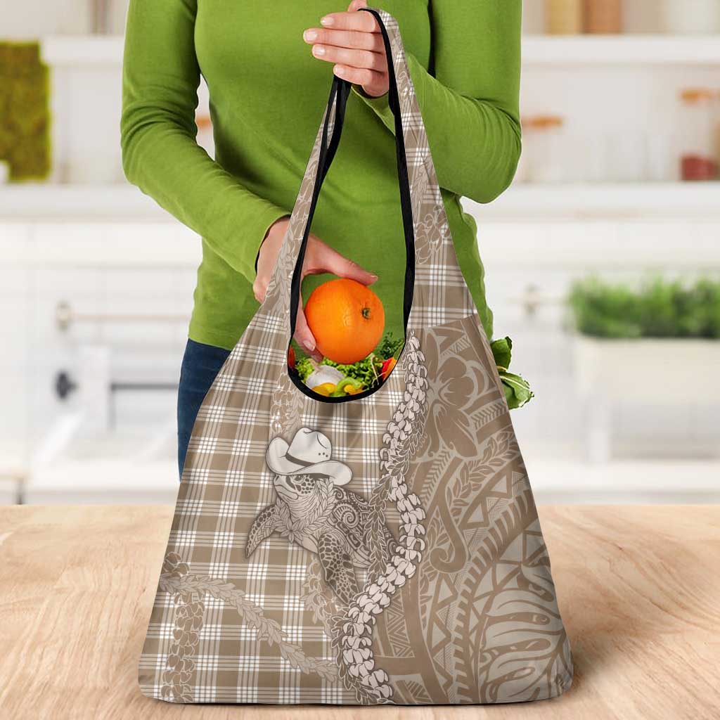 Beige Hawaii Palaka Cowboy Turtle Grocery Bag Hawaiian Paniolo Puakenikeni Maile Lei - Polynesian Pride