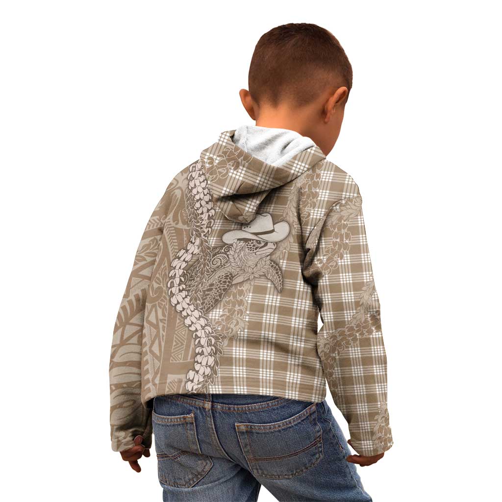 Beige Hawaii Palaka Cowboy Turtle Kid Hoodie Hawaiian Paniolo Puakenikeni Maile Lei - Polynesian Pride