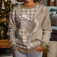 Beige Hawaii Palaka Cowboy Turtle Kid Ugly Christmas Sweater Hawaiian Paniolo Puakenikeni Maile Lei - Polynesian Pride