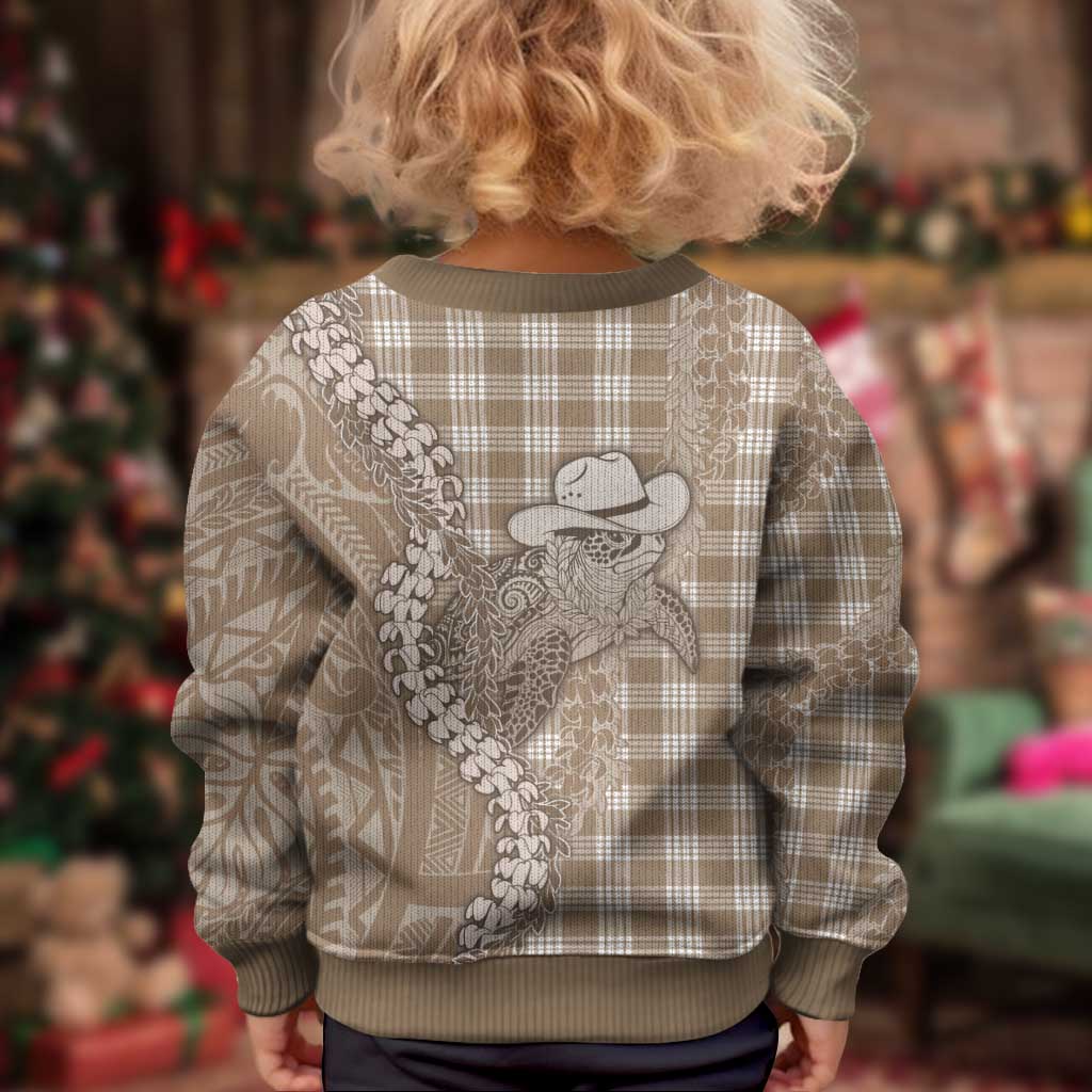 Beige Hawaii Palaka Cowboy Turtle Kid Ugly Christmas Sweater Hawaiian Paniolo Puakenikeni Maile Lei - Polynesian Pride