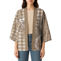 Beige Hawaii Palaka Cowboy Turtle Kimono Hawaiian Paniolo Puakenikeni Maile Lei - Polynesian Pride