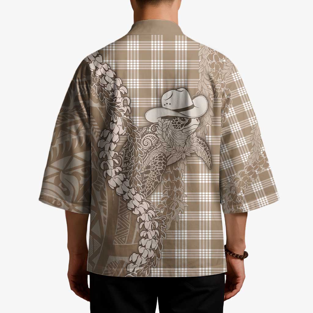 Beige Hawaii Palaka Cowboy Turtle Kimono Hawaiian Paniolo Puakenikeni Maile Lei - Polynesian Pride