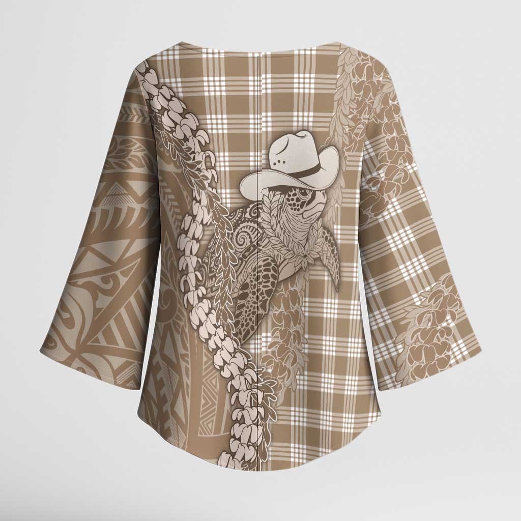Beige Hawaii Palaka Cowboy Turtle Kimono Sleeve Blouse Hawaiian Paniolo Puakenikeni Maile Lei - Polynesian Pride