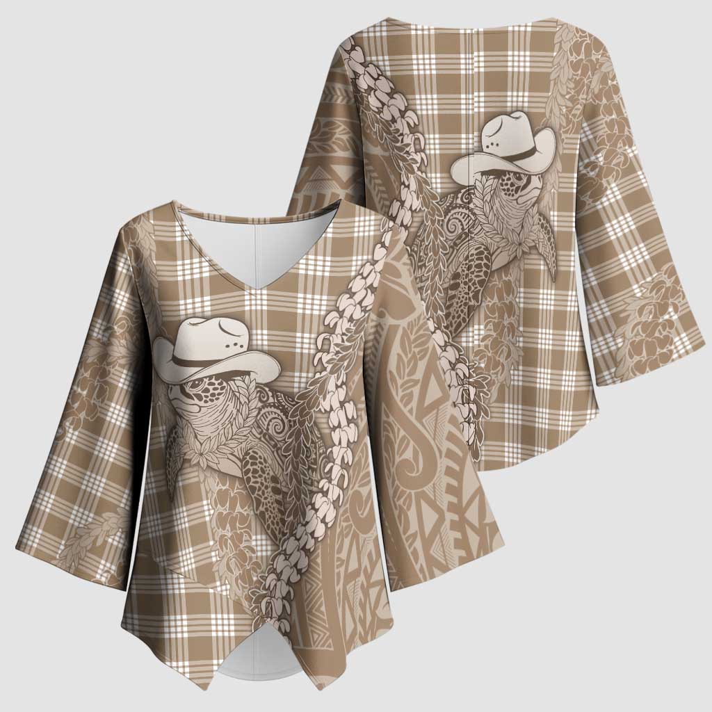 Beige Hawaii Palaka Cowboy Turtle Kimono Sleeve Blouse Hawaiian Paniolo Puakenikeni Maile Lei - Polynesian Pride