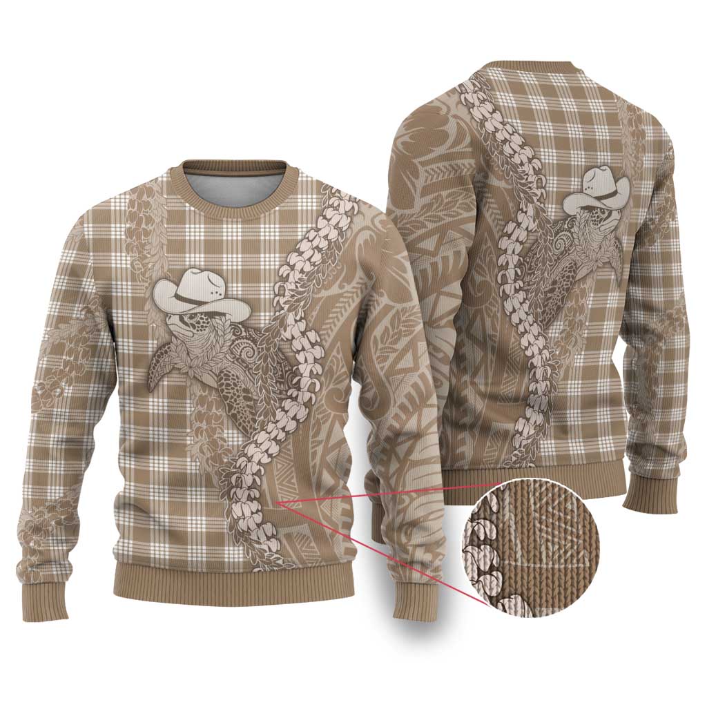 Beige Hawaii Palaka Cowboy Turtle Ugly Christmas Sweater Hawaiian Paniolo Puakenikeni Maile Lei - Polynesian Pride