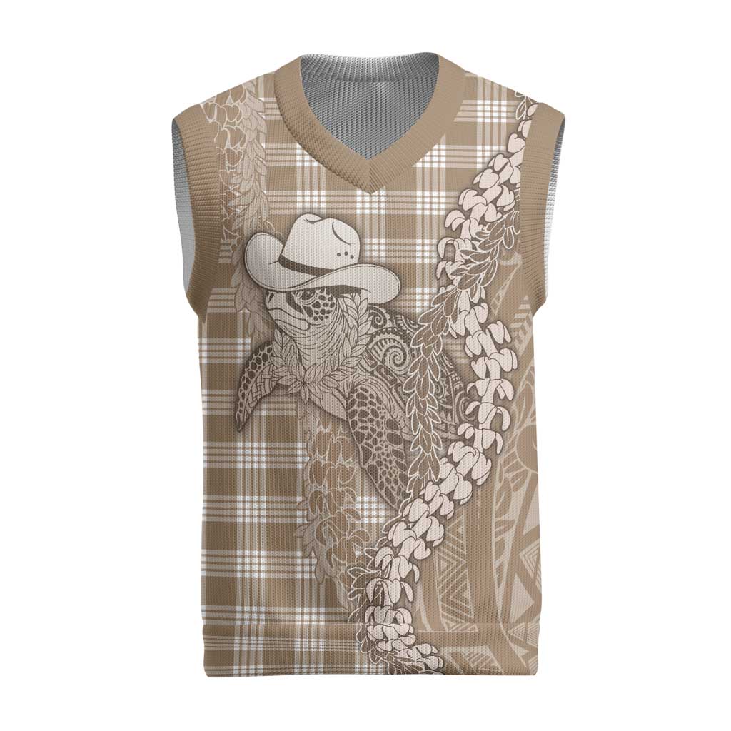 Beige Hawaii Palaka Cowboy Turtle Christmas Knitted V-Neck Vest Hawaiian Paniolo Puakenikeni Maile Lei - Polynesian Pride