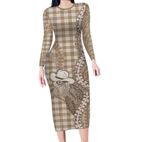 Beige Hawaii Palaka Cowboy Turtle Long Sleeve Bodycon Dress Hawaiian Paniolo Puakenikeni Maile Lei - Polynesian Pride