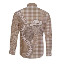 Beige Hawaii Palaka Cowboy Turtle Long Sleeve Button Shirt Hawaiian Paniolo Puakenikeni Maile Lei - Polynesian Pride