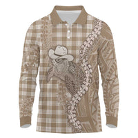 Beige Hawaii Palaka Cowboy Turtle Long Sleeve Polo Shirt Hawaiian Paniolo Puakenikeni Maile Lei - Polynesian Pride