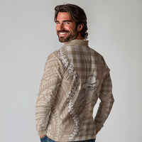 Beige Hawaii Palaka Cowboy Turtle Long Sleeve Polo Shirt Hawaiian Paniolo Puakenikeni Maile Lei - Polynesian Pride