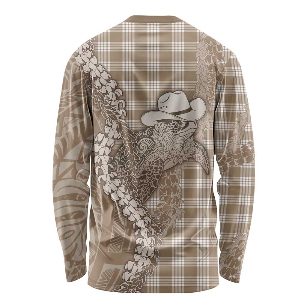 Beige Hawaii Palaka Cowboy Turtle Long Sleeve Shirt Hawaiian Paniolo Puakenikeni Maile Lei - Polynesian Pride