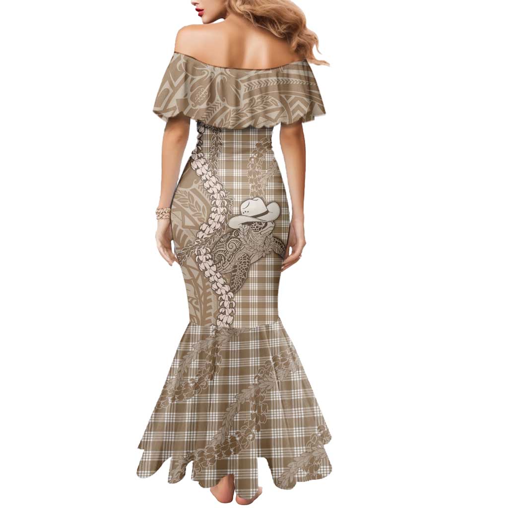Beige Hawaii Palaka Cowboy Turtle Mermaid Dress Hawaiian Paniolo Puakenikeni Maile Lei - Polynesian Pride