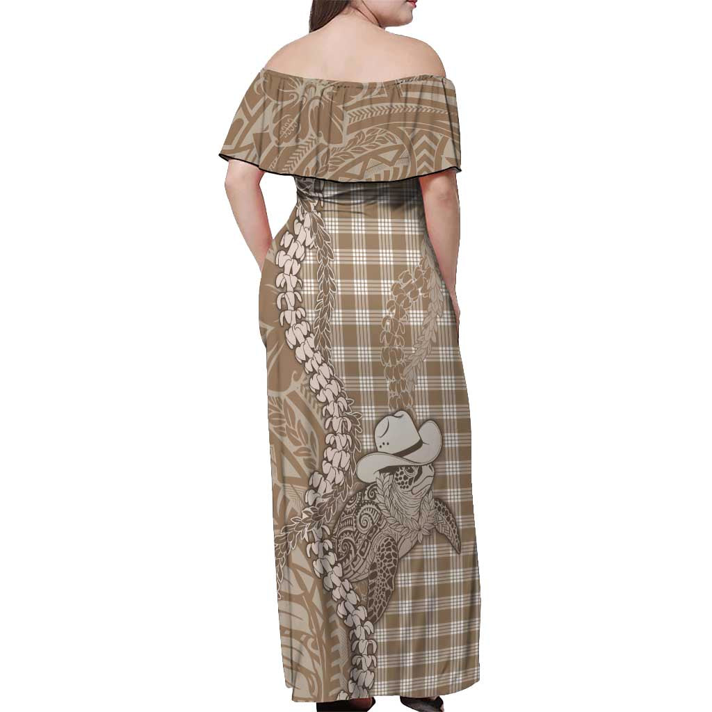 Beige Hawaii Palaka Cowboy Turtle Off Shoulder Maxi Dress Hawaiian Paniolo Puakenikeni Maile Lei - Polynesian Pride