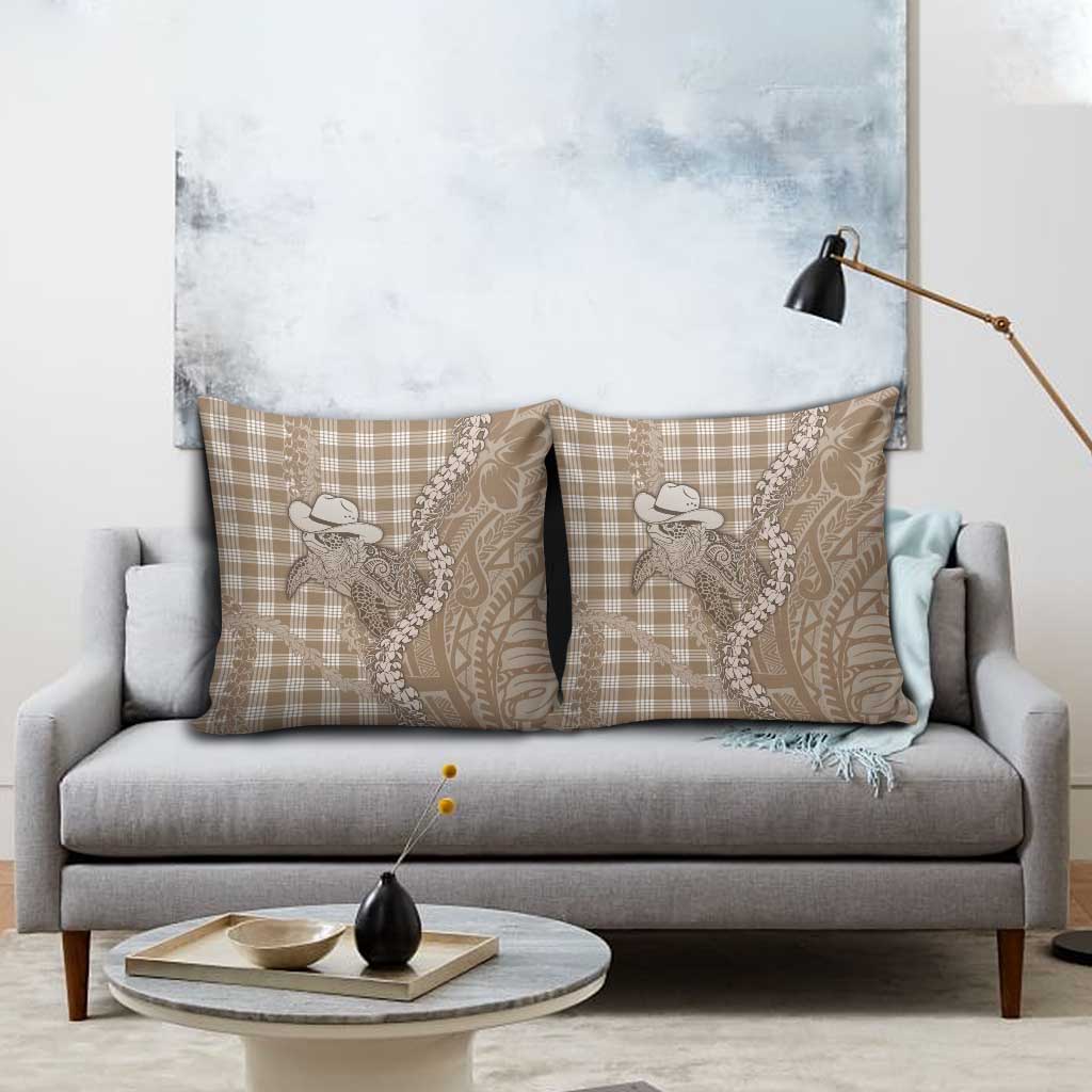 Beige Hawaii Palaka Cowboy Turtle Pillow Cover Hawaiian Paniolo Puakenikeni Maile Lei - Polynesian Pride