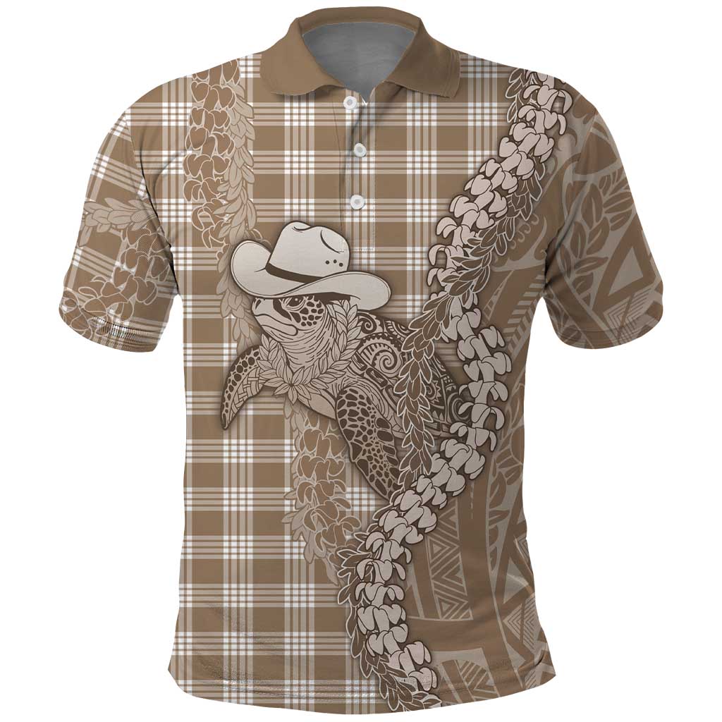 Beige Hawaii Palaka Cowboy Turtle Polo Shirt Hawaiian Paniolo Puakenikeni Maile Lei - Polynesian Pride