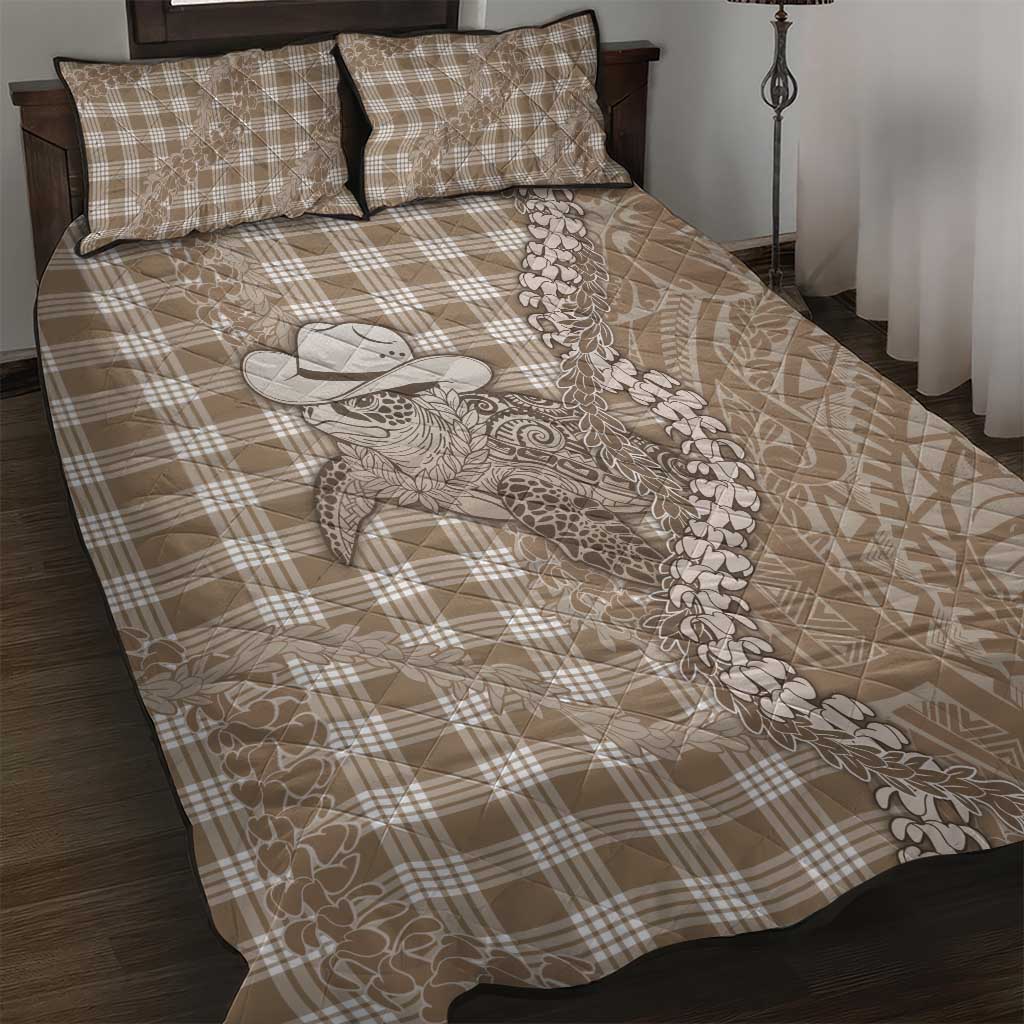 Beige Hawaii Palaka Cowboy Turtle Quilt Bed Set Hawaiian Paniolo Puakenikeni Maile Lei - Polynesian Pride