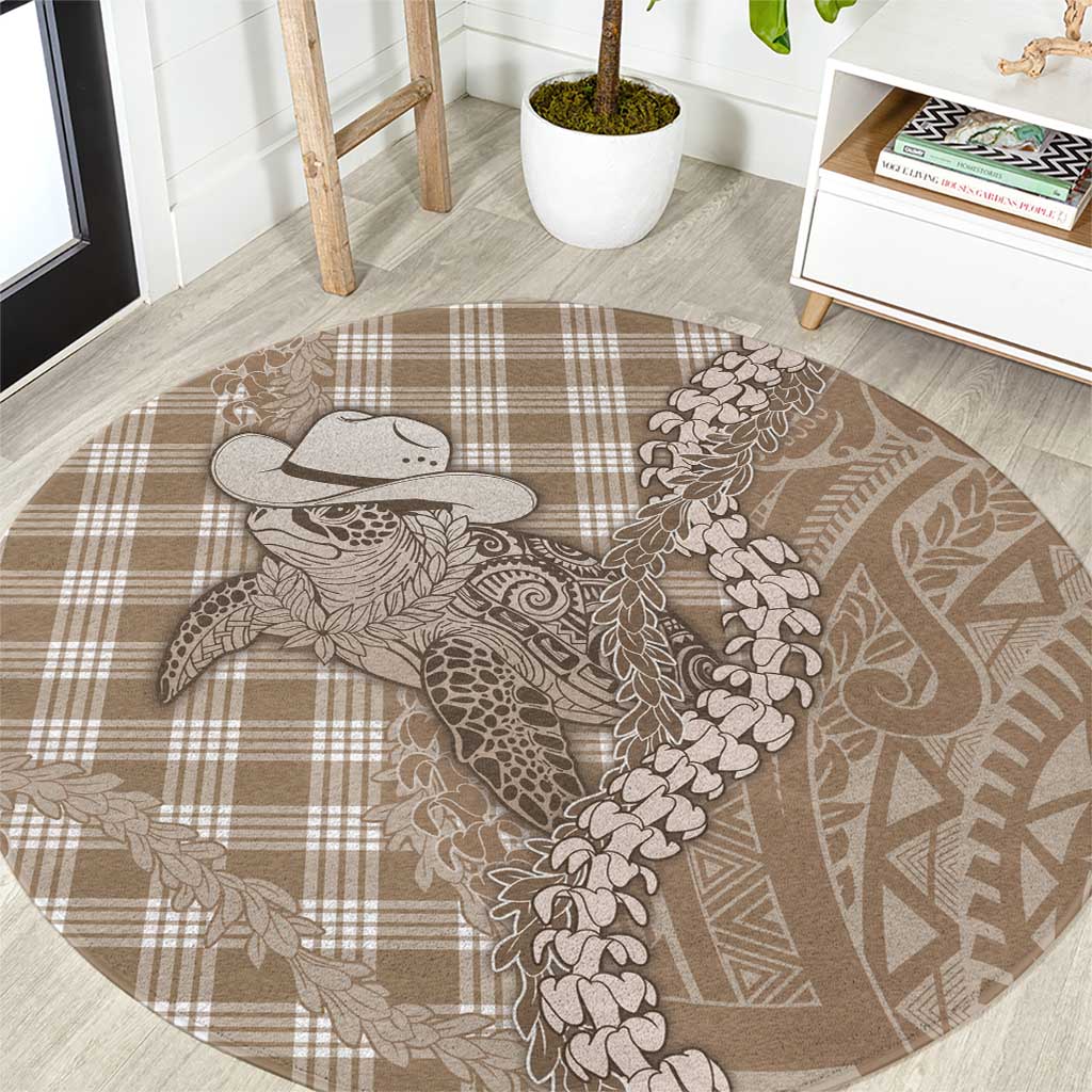 Beige Hawaii Palaka Cowboy Turtle Round Carpet Hawaiian Paniolo Puakenikeni Maile Lei - Polynesian Pride