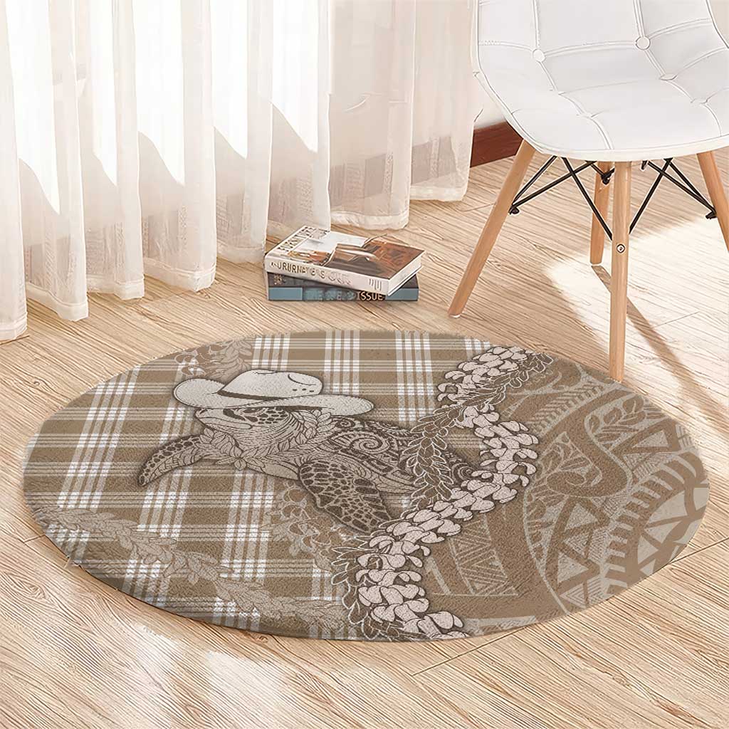 Beige Hawaii Palaka Cowboy Turtle Round Carpet Hawaiian Paniolo Puakenikeni Maile Lei - Polynesian Pride