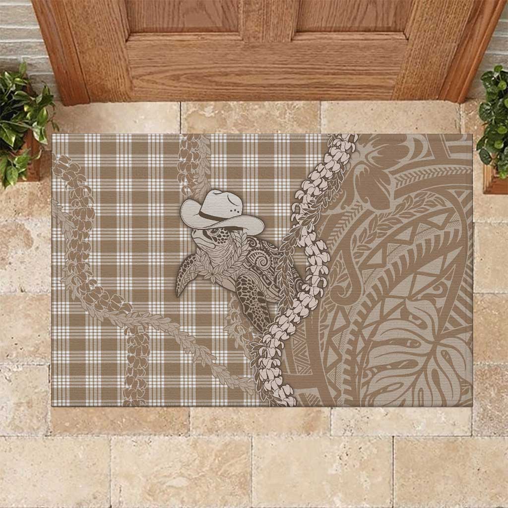 Beige Hawaii Palaka Cowboy Turtle Rubber Doormat Hawaiian Paniolo Puakenikeni Maile Lei - Polynesian Pride