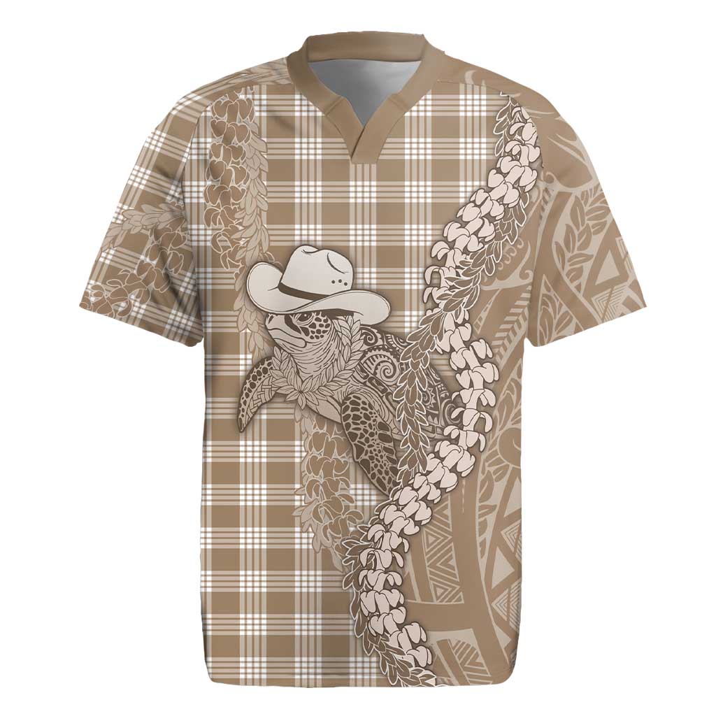 Beige Hawaii Palaka Cowboy Turtle Rugby Jersey Hawaiian Paniolo Puakenikeni Maile Lei - Polynesian Pride