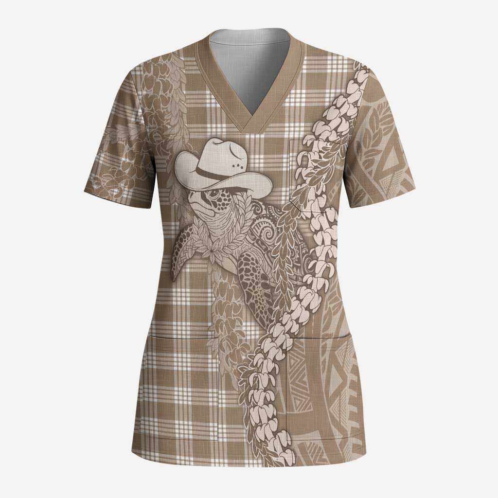 Beige Hawaii Palaka Cowboy Turtle Scrub Top Hawaiian Paniolo Puakenikeni Maile Lei - Polynesian Pride
