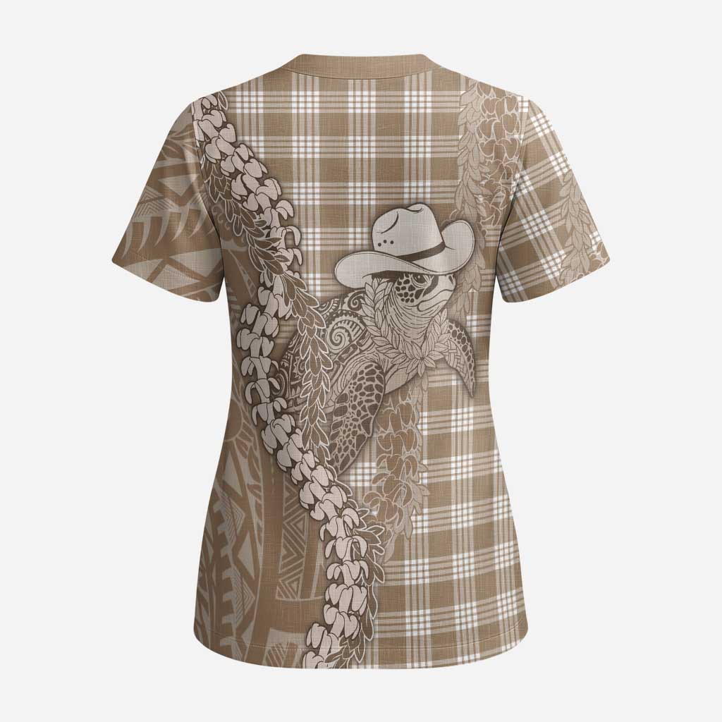Beige Hawaii Palaka Cowboy Turtle Scrub Top Hawaiian Paniolo Puakenikeni Maile Lei - Polynesian Pride