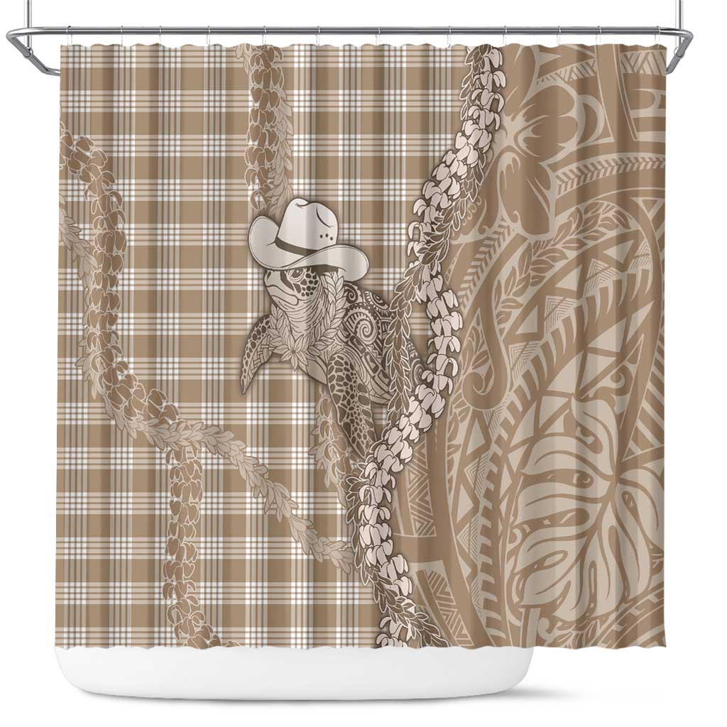 Beige Hawaii Palaka Cowboy Turtle Shower Curtain Hawaiian Paniolo Puakenikeni Maile Lei - Polynesian Pride