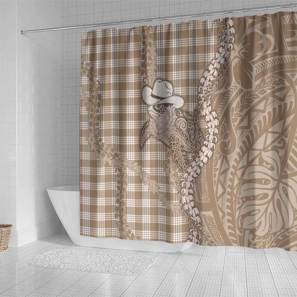Beige Hawaii Palaka Cowboy Turtle Shower Curtain Hawaiian Paniolo Puakenikeni Maile Lei - Polynesian Pride