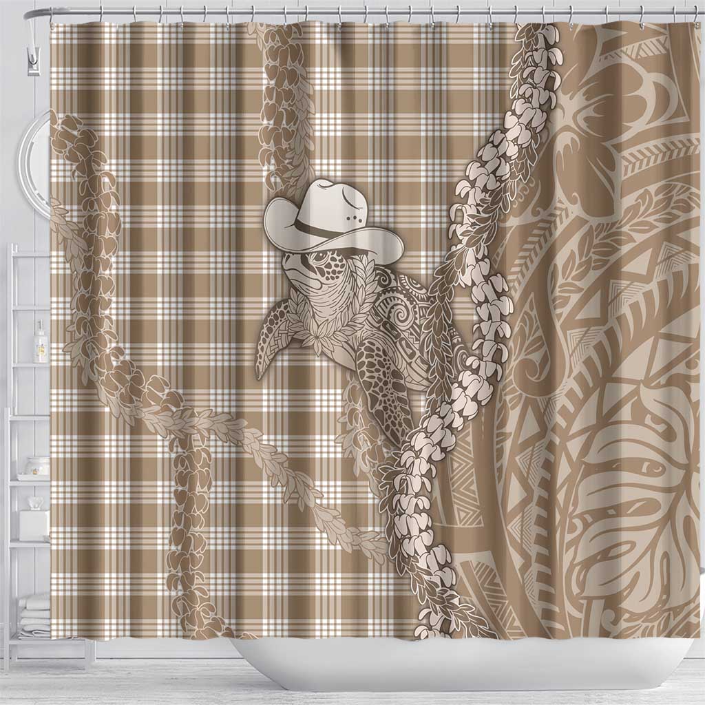 Beige Hawaii Palaka Cowboy Turtle Shower Curtain Hawaiian Paniolo Puakenikeni Maile Lei - Polynesian Pride