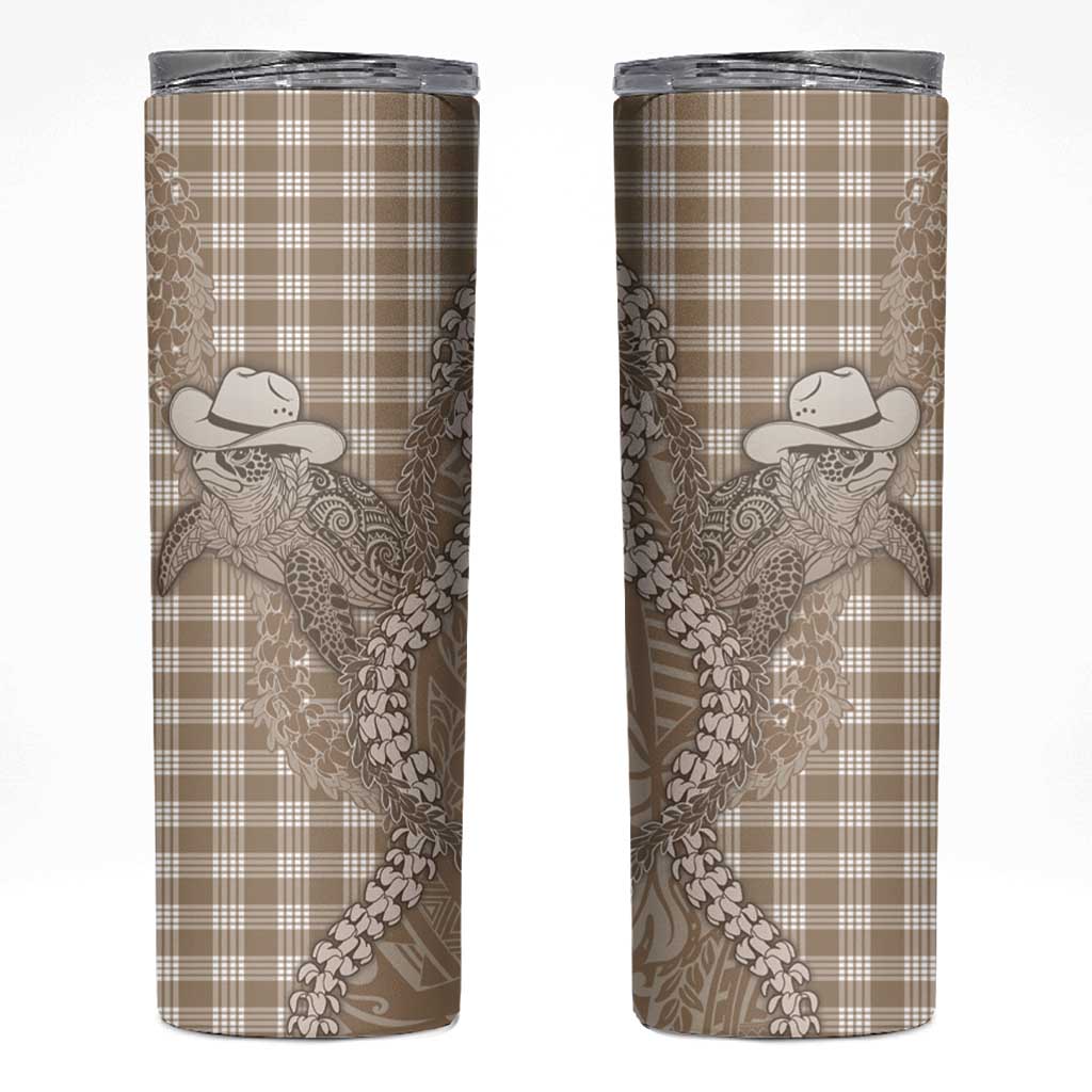 Beige Hawaii Palaka Cowboy Turtle Skinny Tumbler Hawaiian Paniolo Puakenikeni Maile Lei - Polynesian Pride